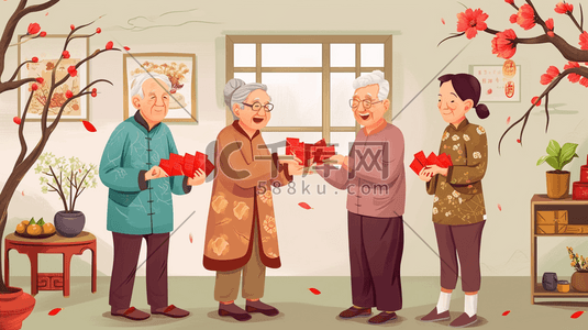 中国手绘春节拜年红包互相祝福插画2