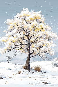 树下的人插画图片_冬天手绘插画树挂唯美风景