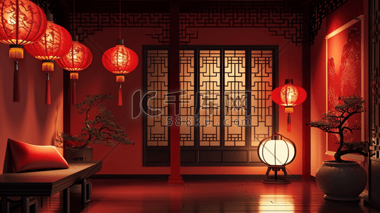 中国红中国风春节灯笼古典建筑插画4
