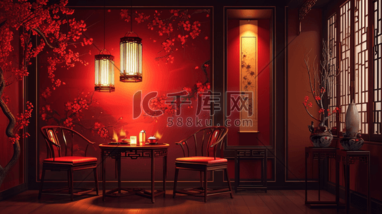 中国红插画图片_中国红中国风春节灯笼古典建筑插画18
