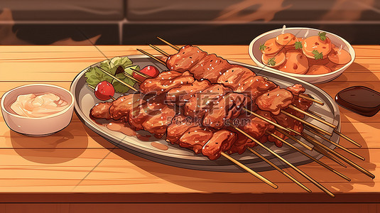 烧串插画图片_烧烤肉串美味BBQ插图