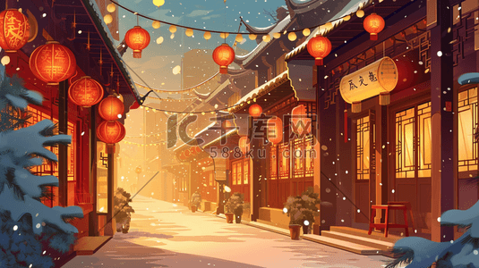 彩色手绘国风古建筑夜景街道下雪插画11