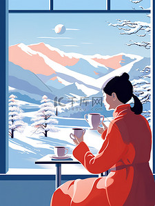 衣服女人插画图片_冬日女人在窗户边喝咖啡图片