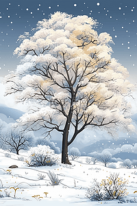 冬季白色雪花插画图片_冬天树挂插画唯美风景手绘