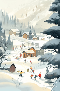 冬天雪景手绘唯美插画海报