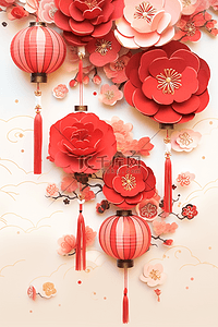 立体剪纸春节插画图片_春节新年剪纸红花灯笼立体插画