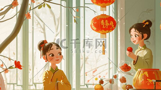 中国风手绘古色古风卡通美女街道插画29