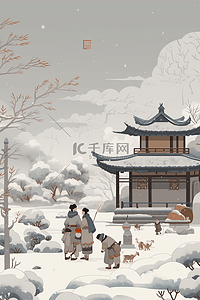中国传统风海报插画图片_古典风冬天手绘线性插画海报