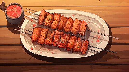 水浒烤肉插画图片_烧烤肉串美味BBQ矢量插画