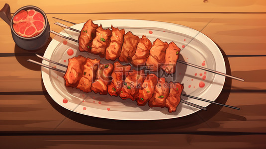 烧串插画图片_烧烤肉串美味BBQ矢量插画