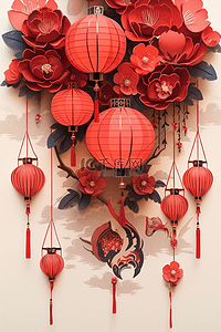 纯色背景红色插画图片_新年立体春节剪纸红花灯笼插画