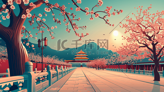 中国风手绘彩色古典建筑宫廷风插画13
