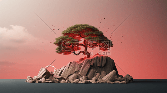 简约公益插画图片_3D立体意境红色植物树木插画3