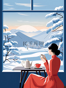 红色叶子装饰边条插画图片_冬日女人在窗户边喝咖啡图片