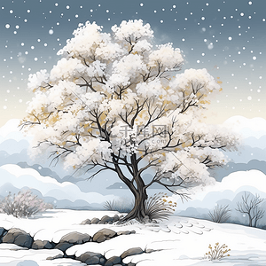 冬天景色雪花插画图片_冬天风景树挂唯美手绘插画