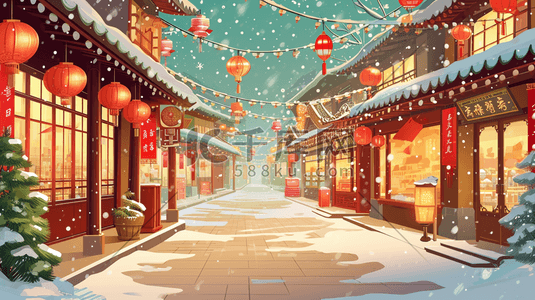 彩色手绘国风古建筑夜景街道夜色下雪插画4