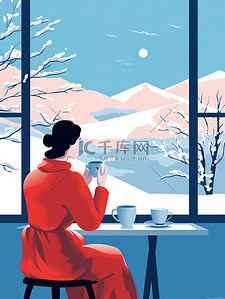 冬日女人在窗户边喝咖啡插画海报