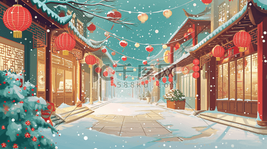 彩色手绘国风古建筑夜景街道夜下雪插画19