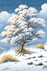 冬季白色雪花插画图片_手绘冬天插画树挂唯美风景