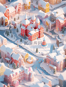 景观立体插画图片_微景观白雪覆盖的小镇3d冬天立体插画