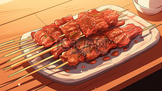 水浒烤肉插画图片_烧烤肉串美味BBQ素材