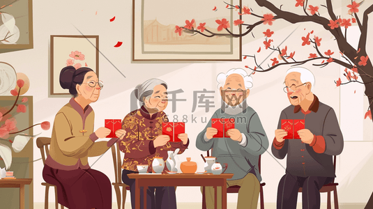 拜年老人插画图片_中国手绘春节拜年红包互相祝福插画8