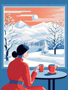 衣服女人插画图片_冬日女人在窗户边喝咖啡插画图片