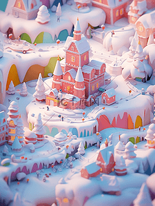 微立体插画图片_微景观白雪覆盖的小镇3d立体插画冬天