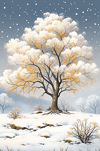 雪中树枝插画图片_手绘插画冬天树挂唯美风景