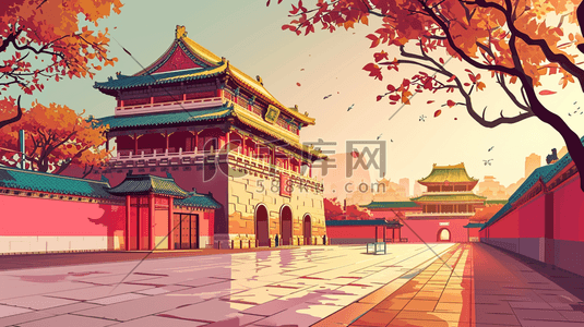 中国风手绘彩色古典建筑宫廷风插画18