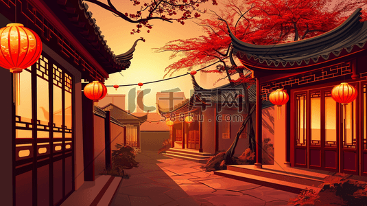 中国红中国风插画图片_中国红中国风春节灯笼古典建筑插画2