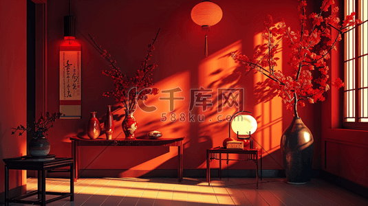 中国红中国风插画图片_中国红中国风春节灯笼古典建筑插画15