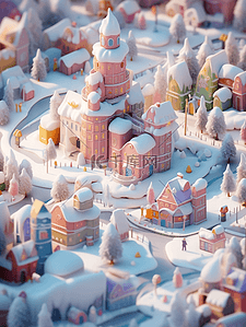 微景观插画图片_插画冬天微景观白雪覆盖的小镇3d立体