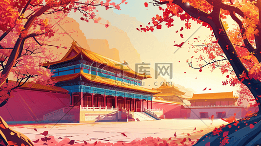 中国风手绘彩色古典建筑宫廷风插画23