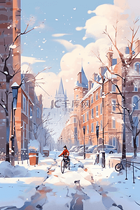 下雪的街道城市手绘插画冬天