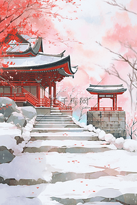 冬天古典建筑红叶手绘水彩插画