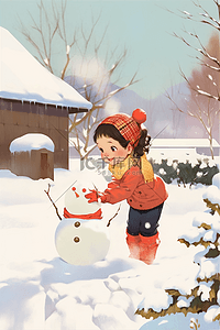抱孩子卡通插画图片_手绘冬天插画可爱孩子堆雪人