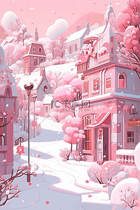 雪天的小镇插画图片_冬天海报唯美插画粉色小镇手绘