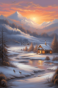 夕阳下乡村雪景冬天手绘海报插画图片