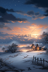 昏暗的天空插画图片_唯美雪景夕阳插画冬天海报