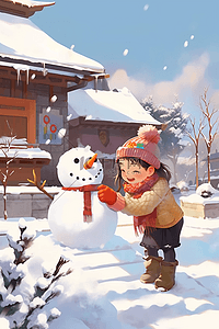 冬天手绘插画可爱孩子堆雪人