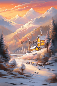 夕阳下乡村雪景手绘冬天海报图片