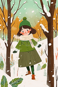 冬天唯美女孩雪天插画海报手绘