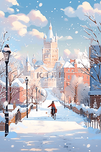 城市骑行道插画图片_冬天下雪的街道城市手绘插画