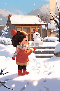 插画冬天可爱孩子堆雪人手绘