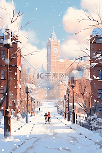 下雪道路插画图片_手绘冬天下雪的街道城市插画