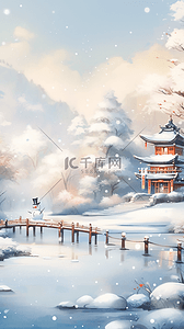 小雪插画图片_风景凉亭湖泊冬天手绘插画海报