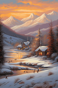 夕阳冬天下乡村雪景手绘海报插图