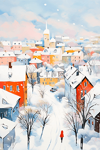 水彩画城市插画图片_冬天雪景小镇覆盖着雪手绘水彩插画