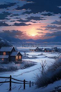 昏暗的天空插画图片_冬天唯美夕阳雪景插画海报